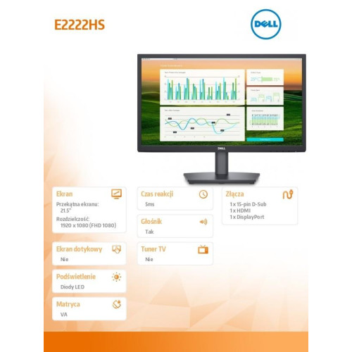 Monitor E2222HS 21.5 cali LED 1920x1080/VGA/HDMI/DP/3Y -4481309