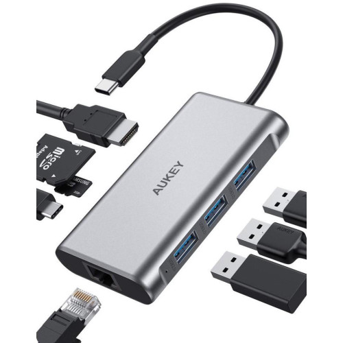 CB-C91 aluminiowy HUB USB-C | 8w1 | RJ45 Ethernet 10/100/1000Mbps | 3xUSB 3.1 | HDMI 4k@30Hz | SD i micro SD | USB-C Pow