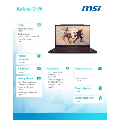 Notebook Katana GF76 11UE-245XPL nOS/i7-11800H/16GB/512GB/RTX3060/17.3''-4506652