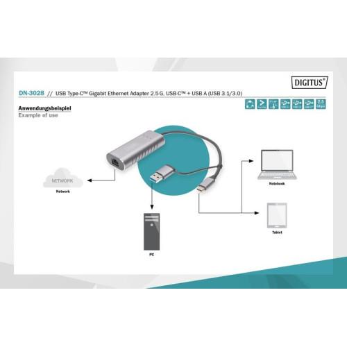 Karta sieciowa przewodowa USB 3.1 Typ C + USB A do 1x RJ45 2.5 Gigabit Ethernet 10/100/1000/2500Mbps-4508650
