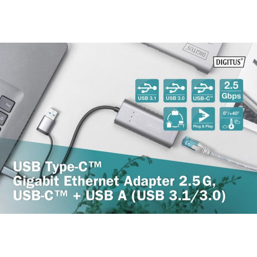 Karta sieciowa przewodowa USB 3.1 Typ C + USB A do 1x RJ45 2.5 Gigabit Ethernet 10/100/1000/2500Mbps-4508651