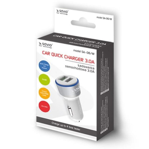 Ładowarka samochodowa do smartfona SAVIO Quick Charge 3.0 SA-06/W (2400 mA, 3000 mA; USB)-4753246