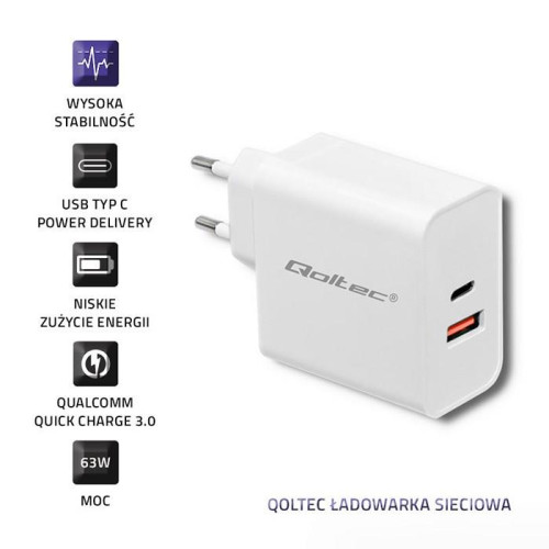 QOLTEC ŁADOWARKA SIECIOWA 63W | 5-20V | 1.5-3A | USB TYP C PD | USB QC 3.0 | BIAŁA-4871012