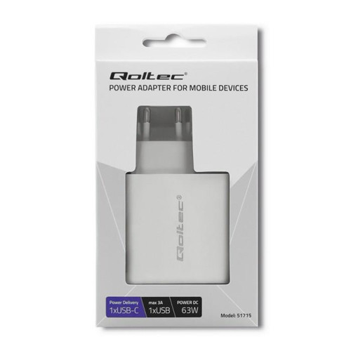 QOLTEC ŁADOWARKA SIECIOWA 63W | 5-20V | 1.5-3A | USB TYP C PD | USB QC 3.0 | BIAŁA-4871014