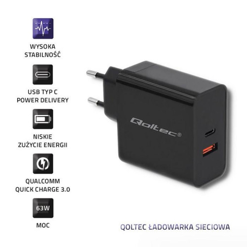 QOLTEC ŁADOWARKA SIECIOWA 63W | 5-20V | 1.5-3A | USB TYP C PD | USB QC 3.0 | CZARNA-4871019