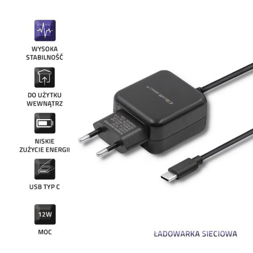 QOLTEC ŁADOWARKA SIECIOWA USB TYP C, 5V, 2.4A, 12W, CZARNA-4882105
