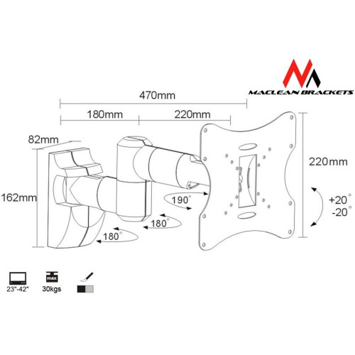 Uchwyt ścienny do monitora Maclean MC-503S (Obrotowy, ścienne, Uchylny; 23
