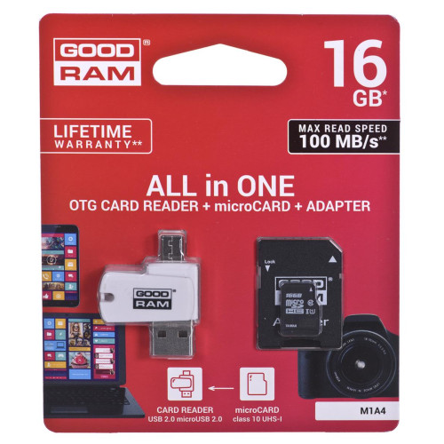 Karta pamięci z adapterem i czytnikiem kart GoodRam All in one M1A4-0160R12 (16GB; Class 10; Adapter, Czytnik kart Micro