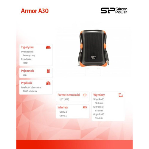 ARMOR A30 1TB USB 3.0 BLACK-ORANGE / PANCERNY / wstrząsoodporny-597537