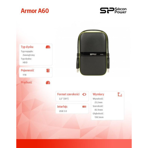 ARMOR A60 1TB USB 3.0 BLACK-GREEN/PANCERNY wstrząso/pyło i wodoodporny-602820
