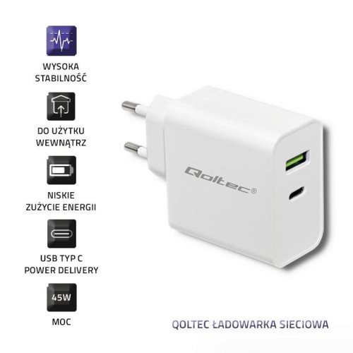 QOLTEC ŁADOWARKA SIECIOWA 42W | 5-20V | 2.4-3A | USB TYP C PD | USB | BIAŁA-6244523