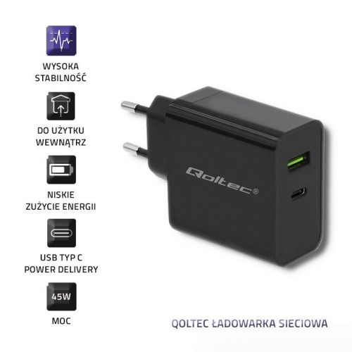 QOLTEC ŁADOWARKA SIECIOWA 42W | 5-20V | 2.25-3A | USB TYP C PD | USB | CZARNA-6244524