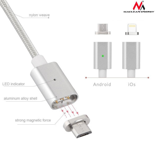 Kabel lightning USB magnetyczny silver MCE161- Quick & Fast Charge-675611