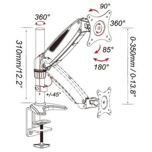 Ramię biurkowe z amortyzatorem gazowym monitor 15-27cali, 8kg, srebrno-czarne-703078