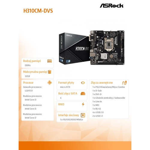 Płyta główna H310CM-DVS s1151 2DDR4 DVI/DSUB/USB3.1 uATX -750531