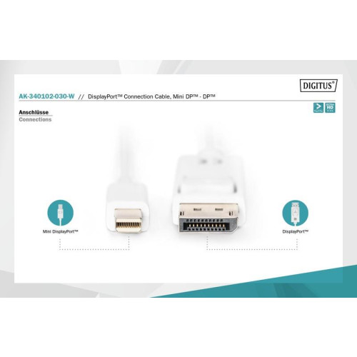 Kabel połączeniowy Displayport 1080p 60Hz FHD Typ miniDP/DP M/M 3m biały-7804490