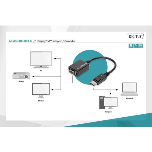 Kabel adapter Displayport z zatrzaskiem 1080p 60Hz FHD Typ DP/DSUB15 M/Ż 0,15m Czarny-7804586