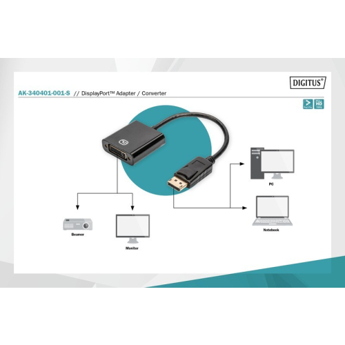 Kabel adapter Displayport z zatrzaskiem 1080p 60Hz FHD Typ DP/DVI-I (24+5) M/Ż 0,15m czarny-7806367