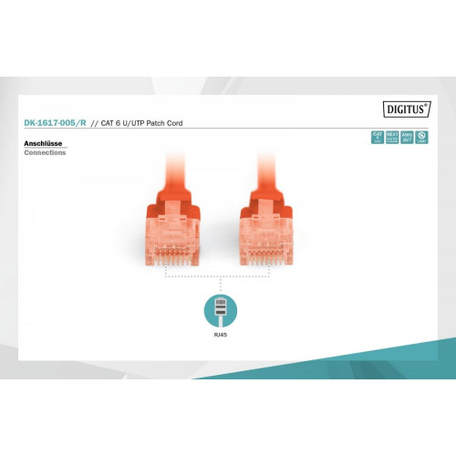 Patch cord nieekranowany U/UTP Kat.6 AWG 26/7 miedź LSOH 0,5m Czerwony-7807457