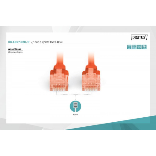 Patch cord nieekranowany U/UTP Kat.6 AWG 26/7 miedź LSOH 2,0m Czerwony-7807467