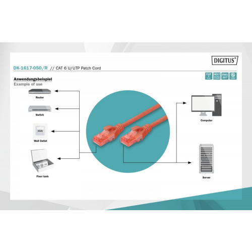 Patch cord nieekranowany U/UTP Kat.6 AWG 26/7 miedź LSOH 5,0m Czerwony-7807478