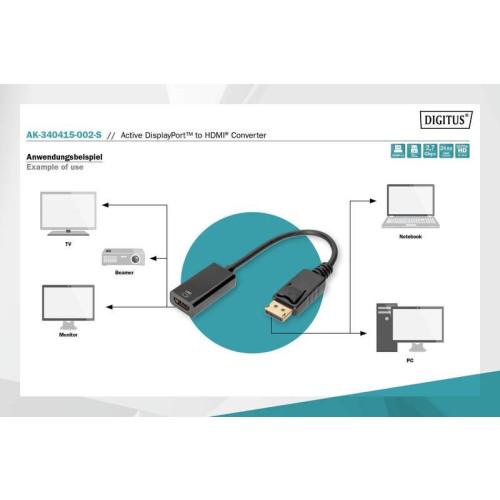 Kabel adapter DisplayPort z zatrzaskiem 1080p 60Hz FHD Typ DP/HDMI A M/Ż 0,2m Czarny-7811151