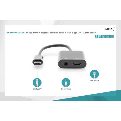Kabel rozdzielacz USB 3.1 Typ C Gen.2 SuperSpeed+ 10Gbps Mini Jack 3.5mm + Typ USB C 20cm czarny-7815092