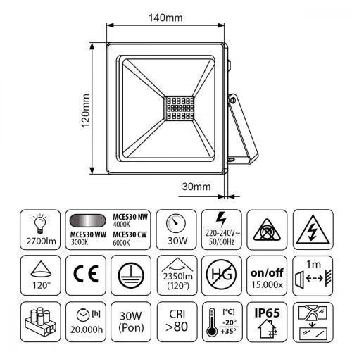 Naświetlacz Led Slim 30 W 2400lm MCE530 CW -7817795