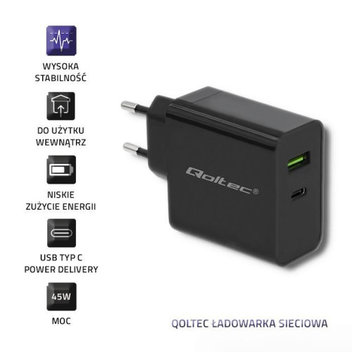 Ładowarka sieciowa | 45W | 5-20V | 2.25-3A | USB typ C PD | USB | Czarna-7822482