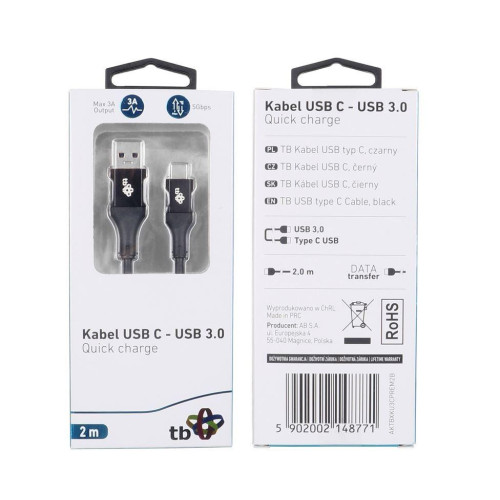 Kabel USB 3.0 - USB C 2m PREMIUM 3A czarny TPE-7823763