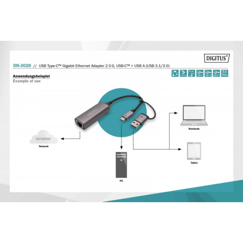 Karta sieciowa przewodowa USB 3.1 Typ C + USB A do 1x RJ45 2.5 Gigabit Ethernet 10/100/1000/2500Mbps-7827921