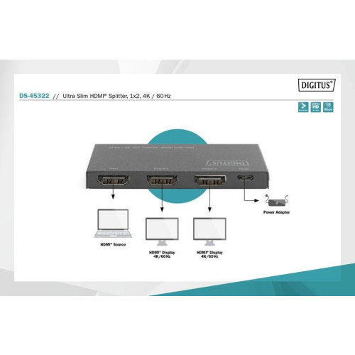 Rozdzielacz (Splitter) Ultra Slim HDMI 1x2 4K 60Hz 3D HDR HDCP 2.2 18 Gbps Micro USB-7828992