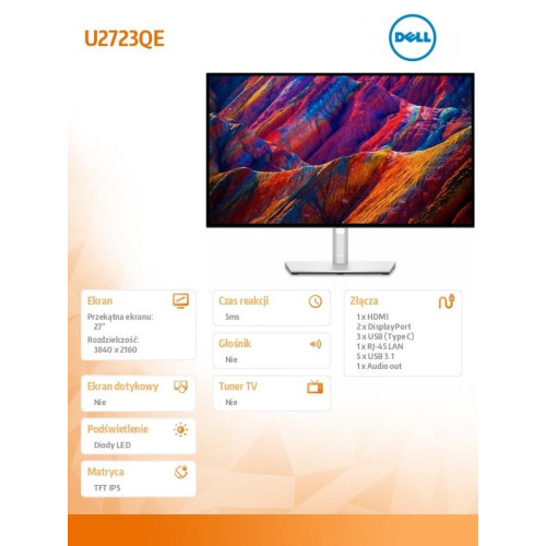 Monitor U2723QE 27 cali IPS LED 4K (3840x2160) /16:9/HDMI/2xDP/3xUSB-C/4xUSB 3.2/RJ-45/3Y AES&PPG -7839829