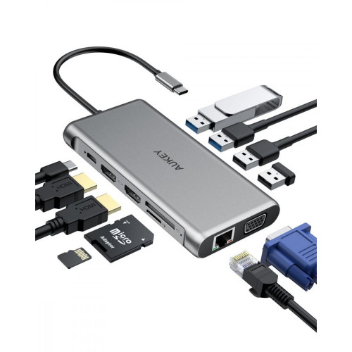 CB-C78 aluminiowy HUB USB-C | 12w1 | RJ45 Ethernet 10/100/1000Mbps | 2xUSB 3.1 | 2xUSB 2.0 | 2xHDMI 4k@30Hz | VGA | SD i