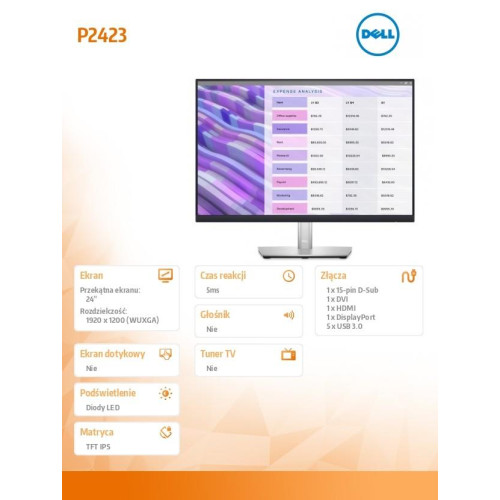 Monitor P2423 24 cale IPS LED WUXGA (1920x1200)/16:10/HDMI/DVI/VGA/DP/5xUSB 3.2/3Y AES&PPG-7845996