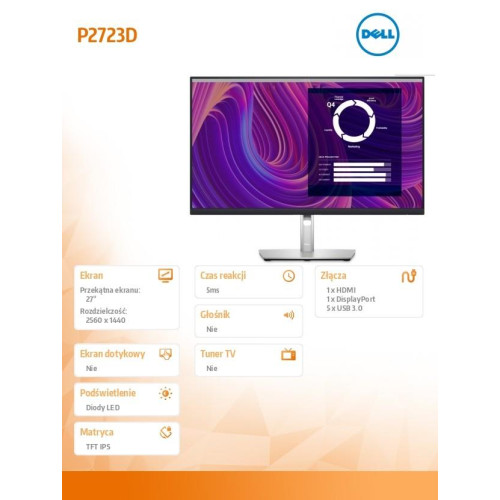 Monitor P2723D 27 cali IPS LED QHD (2560x1440)/16:9/HDMI/DP/5xUSB 3.2/3Y AES-7846026