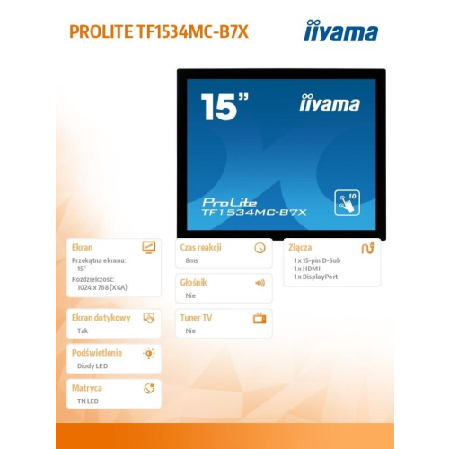 Monitor 15 cali TF1534MC-B7X TN,10 punktów dotykowych, HDMI, DP, 4:3, P65, 7H, USB-7853415