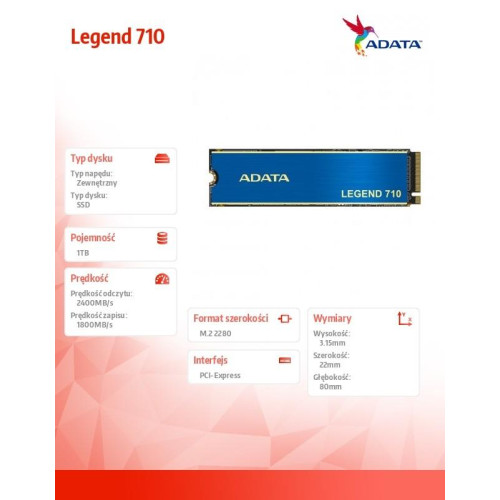 Dysk SSD LEGEND 710 1TB PCIe 3x4 2.4/1.8 GB/s M2-7854142