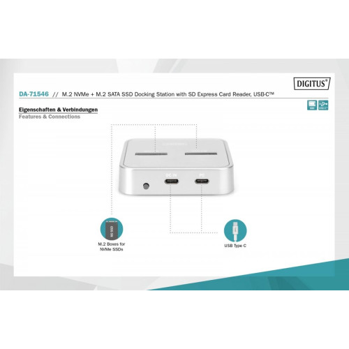 Stacja dokująca do dysków SSD M.2 NVMe + M.2 SATA z czytnikiem kart SD-Express, USB-C, Srebrna-7855164