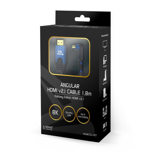 Kabel HDMI (M) v2.1, 1,8m, kątowy, 8K, miedź, niebiesko-czarny, złote końcówki, ethernet/3D, CL-147-7868353