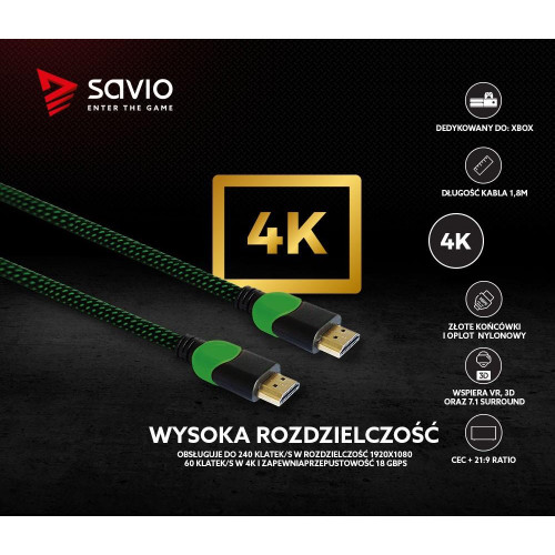 Kabel HDMI 2.0 dedykowany do XBOX zielono-czarny 1,8m, GCL-03-7868400