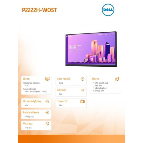 Monitor P2222H-WOST 21.5 cali IPS LED Full HD (1920x1080) /16:9/HDMI/DP/VGA/5xUSB 3.0/No Stand/3Y PPG -7877323