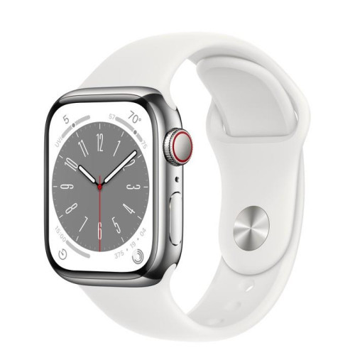 Watch Series 8 GPS + Cellular, 41 mm Koperta ze stali nierdzewnej w kolorze srebrnym z paskiem sportowym w kolorze biały