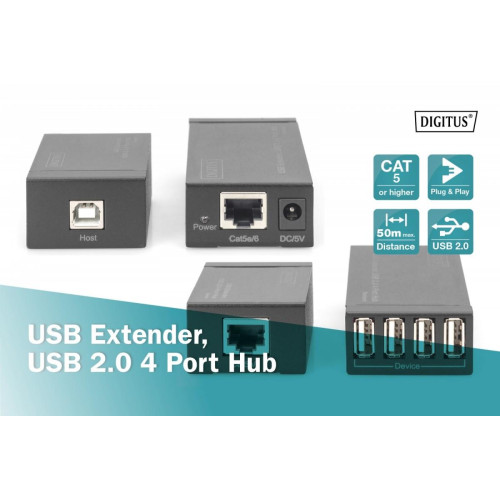 Przedłużacz/Extender HUB 4 porty USB 2.0 po skrętce kat. 5e/7, do 50m-7901494