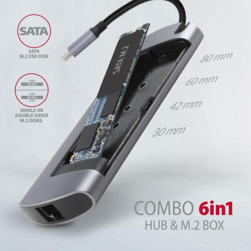 HMC-6M2 Wieloportowy hub USB-C 3.2 Gen 1, slot M.2 SATA + HDMI + GLAN + 2x USB-A + PD 100W-7905081