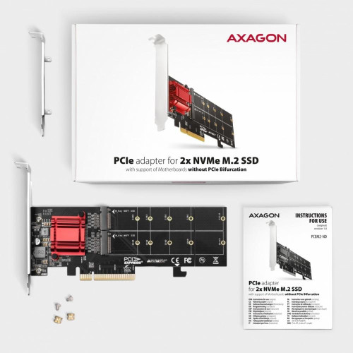 PCEM2-ND Kontroler PCIe x 8, 2x slot M.2 NVMe M-key RAID wsparcie dla płyt bez bifurkacji, w zestawie, SP & LP-7905398