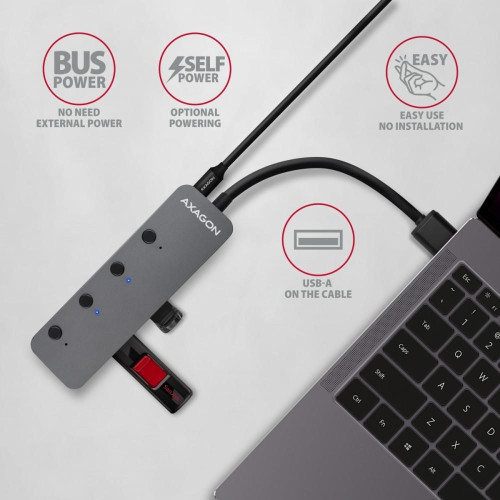 HUE-MSA Hub 4-portowy USB 3.2 Gen 1 switch, metalowy, 20cm USB-A kabel, microUSB dodatkowe zasilanie-7905596