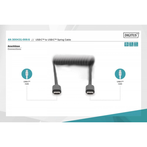 Kabel spiralny USB C/USB C, USB 2.0, PD 60W, max. 1m Czarny-7906492