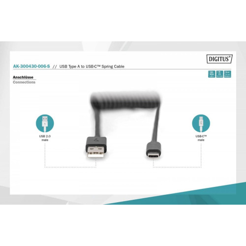Kabel spiralny USB A/USB C, USB 2.0, PD 60W, max. 1m Czarny-7906497