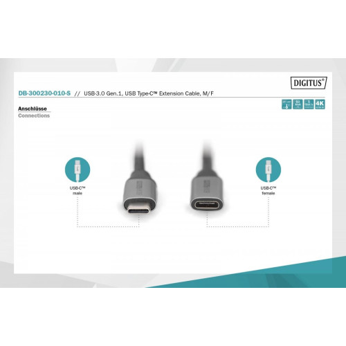Kabel przedłużający USB 3.0 60W/5Gbps Typ USB C/USB C M/Ż 1m Czarny-7908939